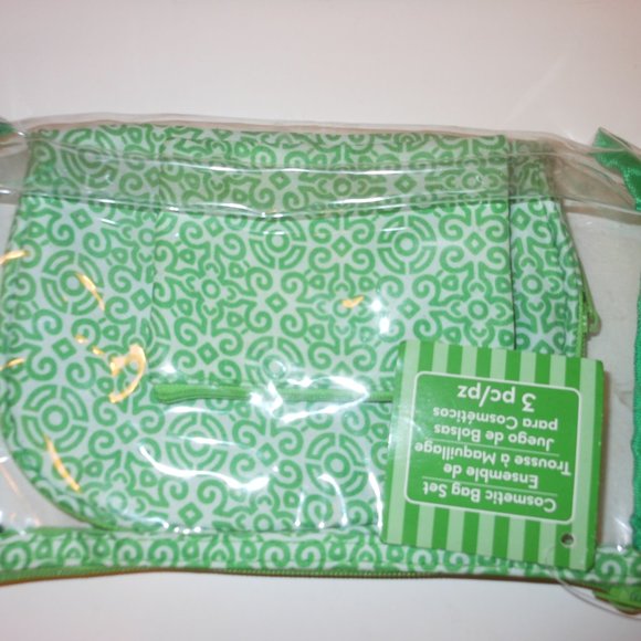 THREE PIECE GREEN AND WHITE COSMETIC BAG SET - Picture 4 of 5